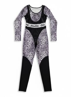 Bona Fide Aerobica Jumpsuit Snow Leo Leopard Long Sleeve Catsuit NWOT L